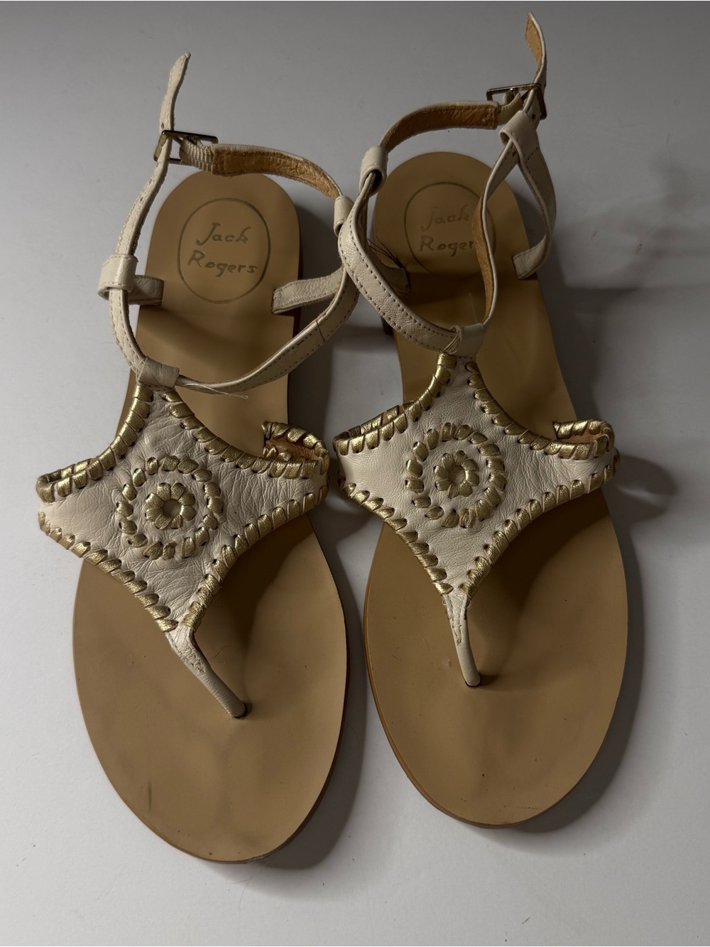 Jack Rogers Cream Sandals with Gold Trim